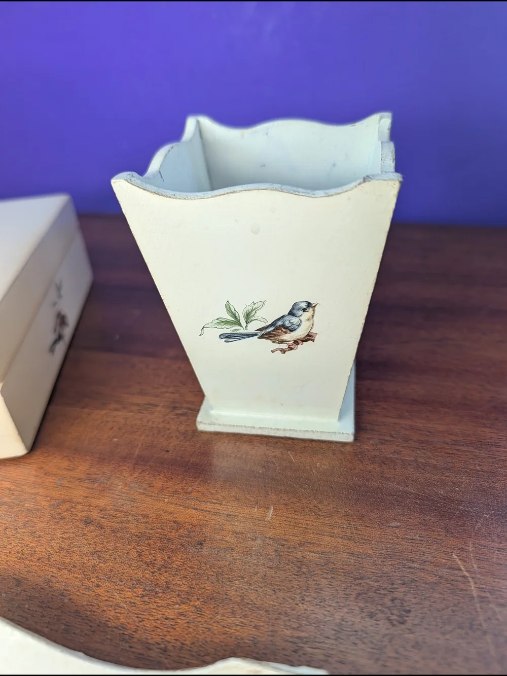 Vintage Italian Lacquered Wood 3-Piece Vanity Dresser Set Decoupage Bird Design